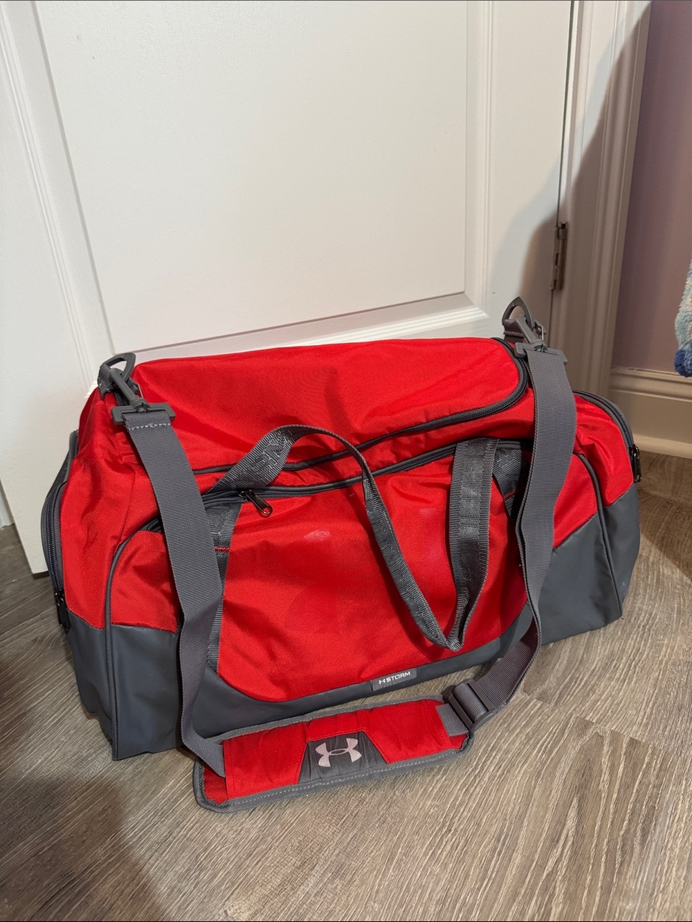 Under Armour Red and Gray Travel Duffel Bag with Shoulder Strap